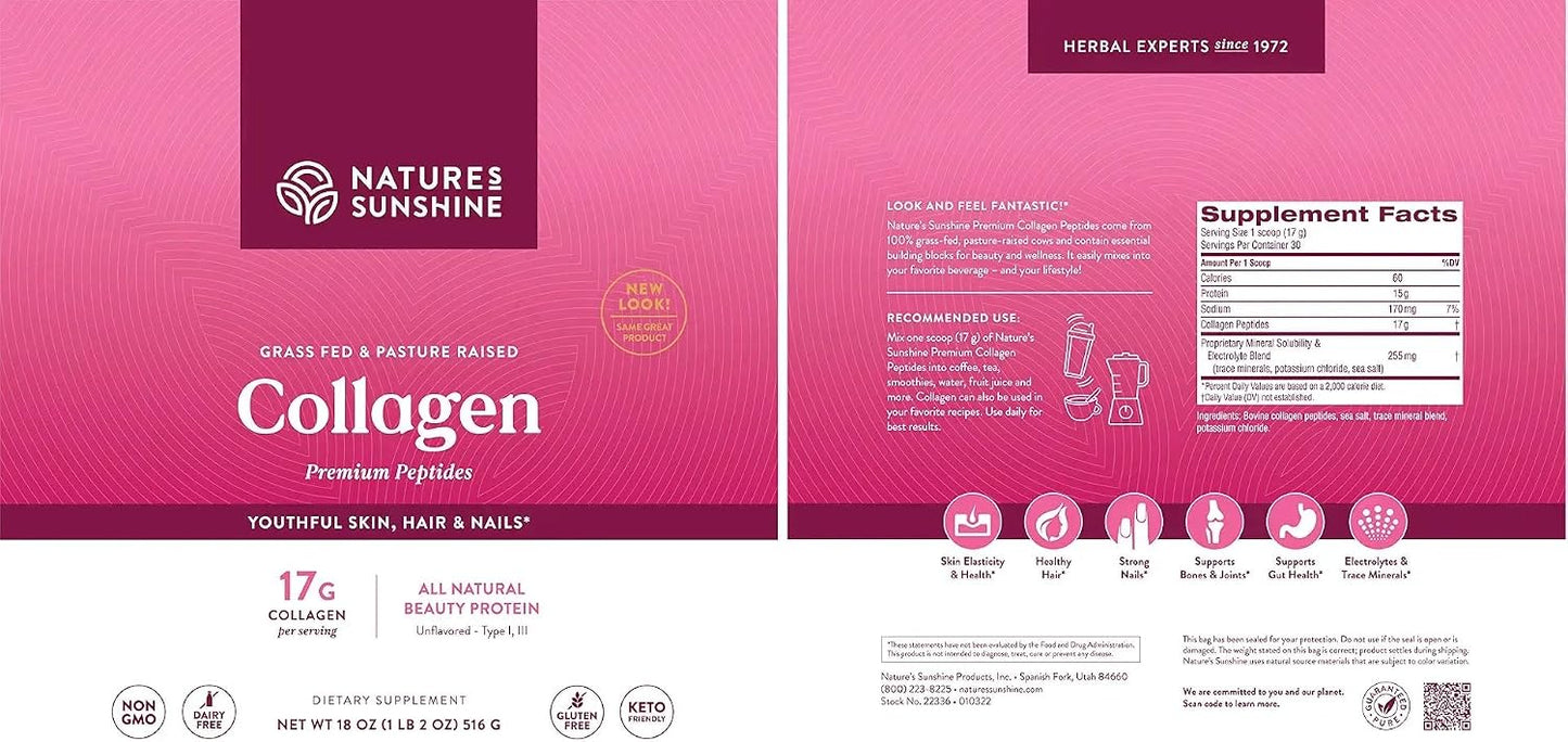 Nature's Sunshine Collagen Powder Type I and III Grass Fed and Pasture Raised Premium Bovine Collagen Peptides 18 Oz