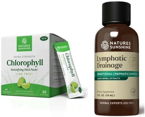Nature's Sunshine Lymphatic Drainage & Chlorophyll Stick Packs (Lime Flavor) Bundle | Lymphatic, Detox & Immune Support | Liquid Drops + Drink Mix | Cleanse, Energize & Support Overall Wellness