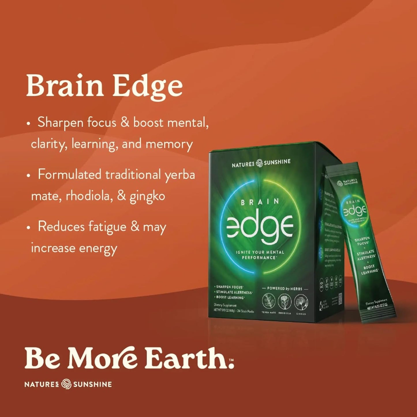 Nature's Sunshine Brain Edge – Mental Clarity, Focus & Energy Drink Mix, Nootropic Herb Blend with Yerba Mate, Ginkgo & Rhodiola, 24 Stick Packs