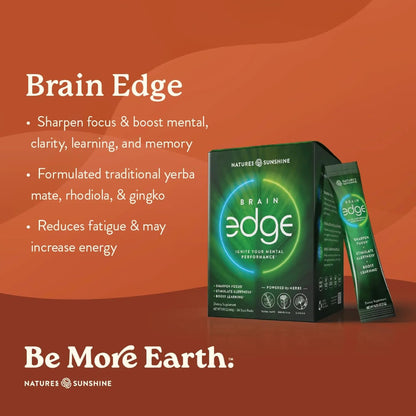 Nature's Sunshine Brain Edge – Mental Clarity, Focus & Energy Drink Mix, Nootropic Herb Blend with Yerba Mate, Ginkgo & Rhodiola, 24 Stick Packs